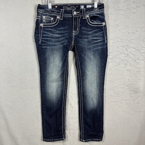 Miss Me Jeans Sz 27 Rhinestone Sequin Signature Crop Leg Blue Embroidered Bling - Picture 1 of 12
